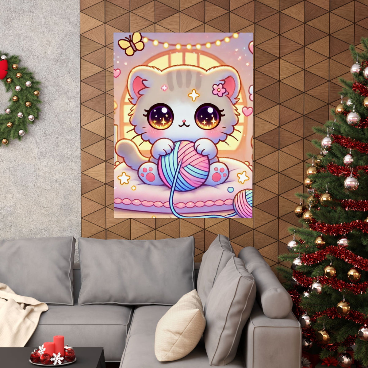 Cozy Kawaii Knitting Cat Pastel Yarn Wall Art Poster
