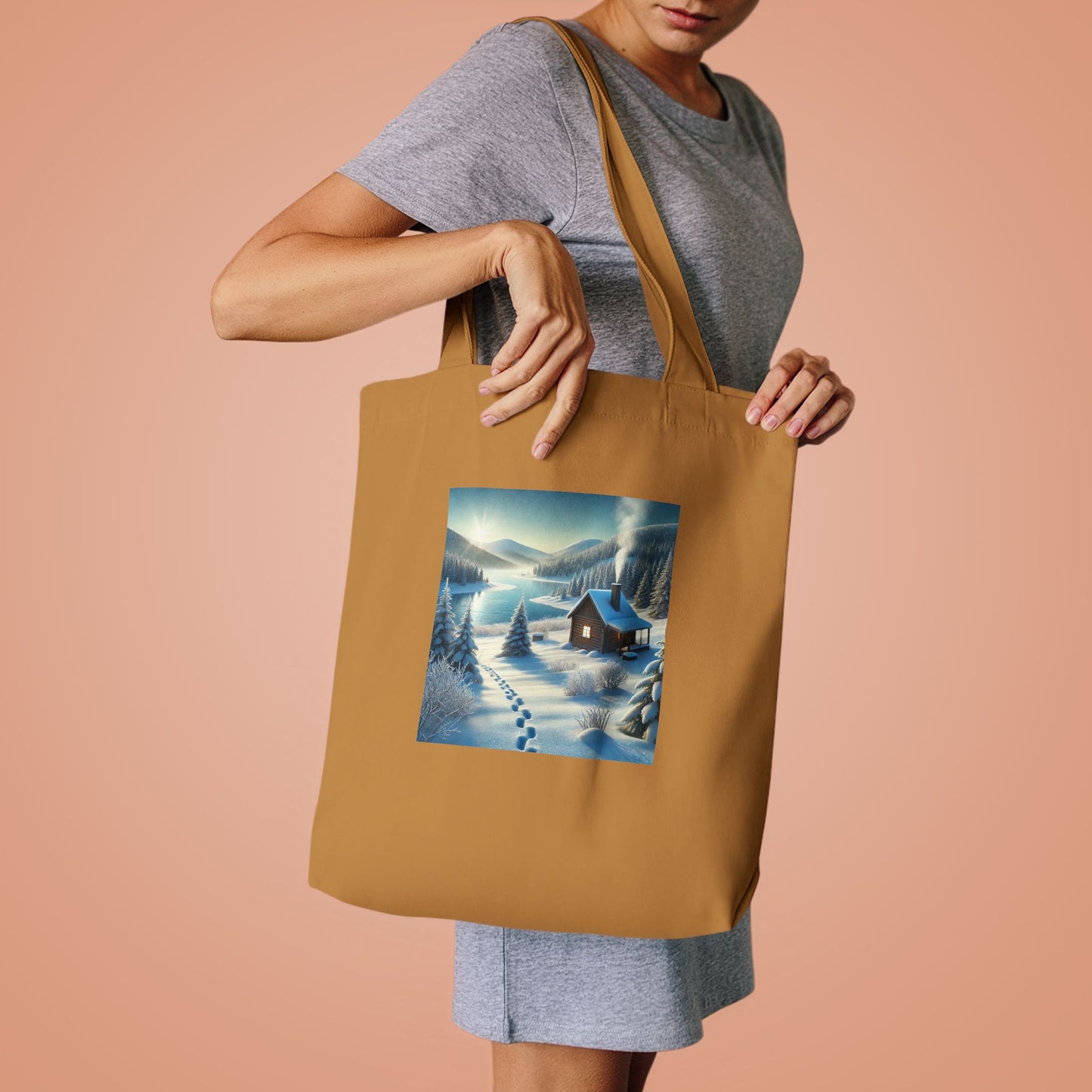 Snowy Cabin Winter Lake Landscape Art Tote Bag