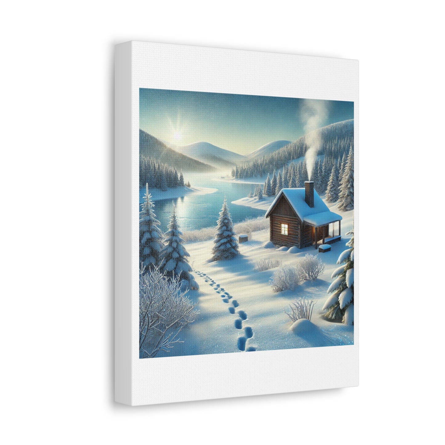 Snowy Cabin Winter Lake Landscape Art Canvas