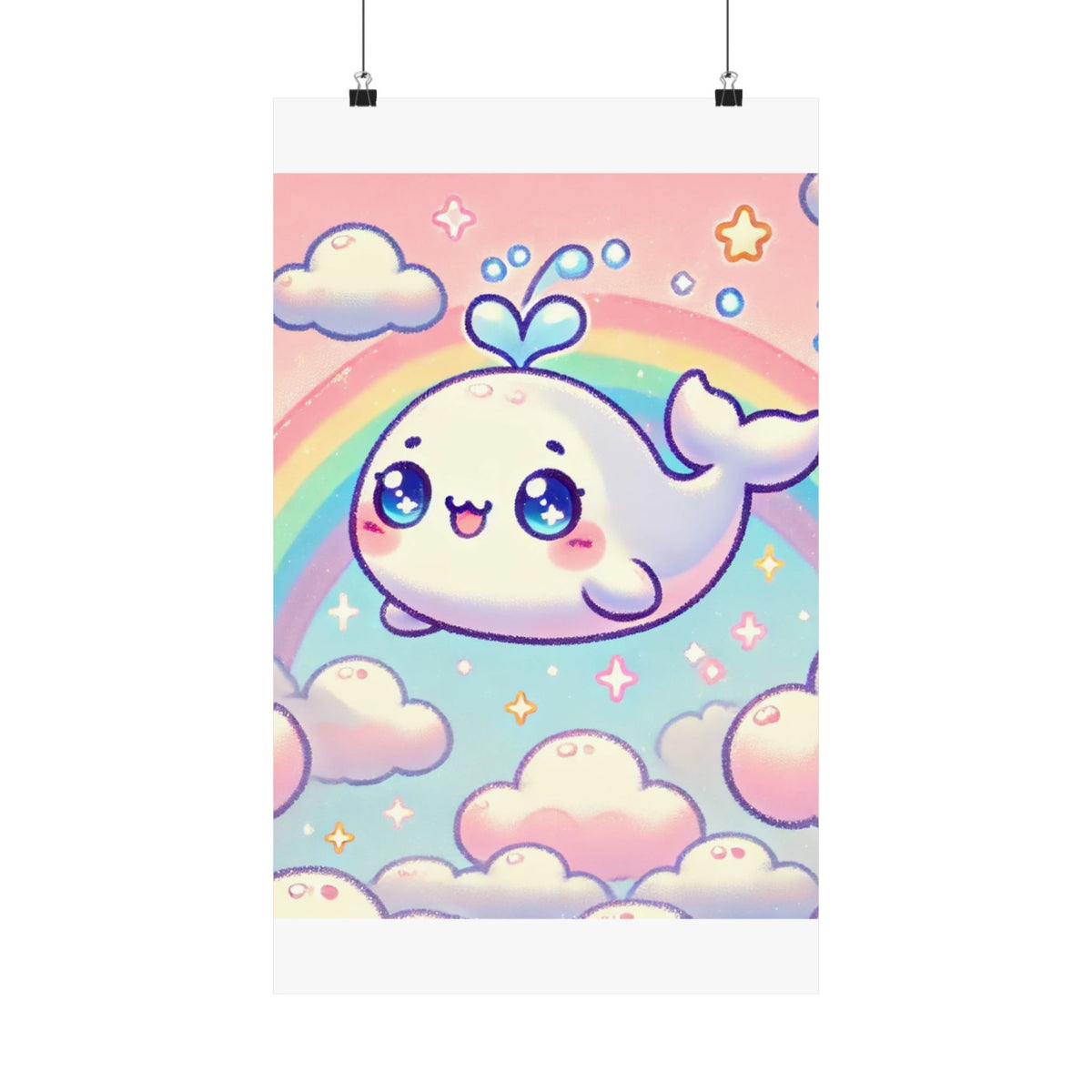 Kawaii Rainbow Whale Pastel Cloud Wall Art Poster