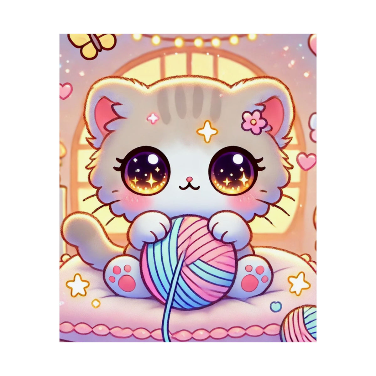 Cozy Kawaii Knitting Cat Pastel Yarn Wall Art Poster