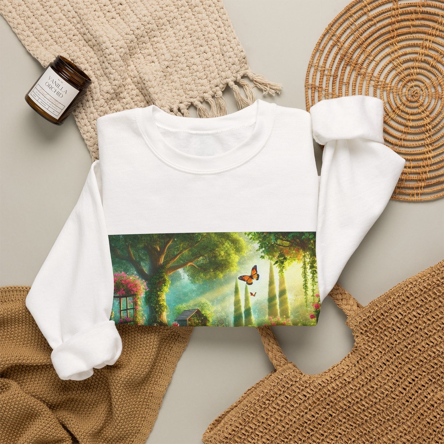 Sunlit Spring Flower Garden Bench Sweatshirt