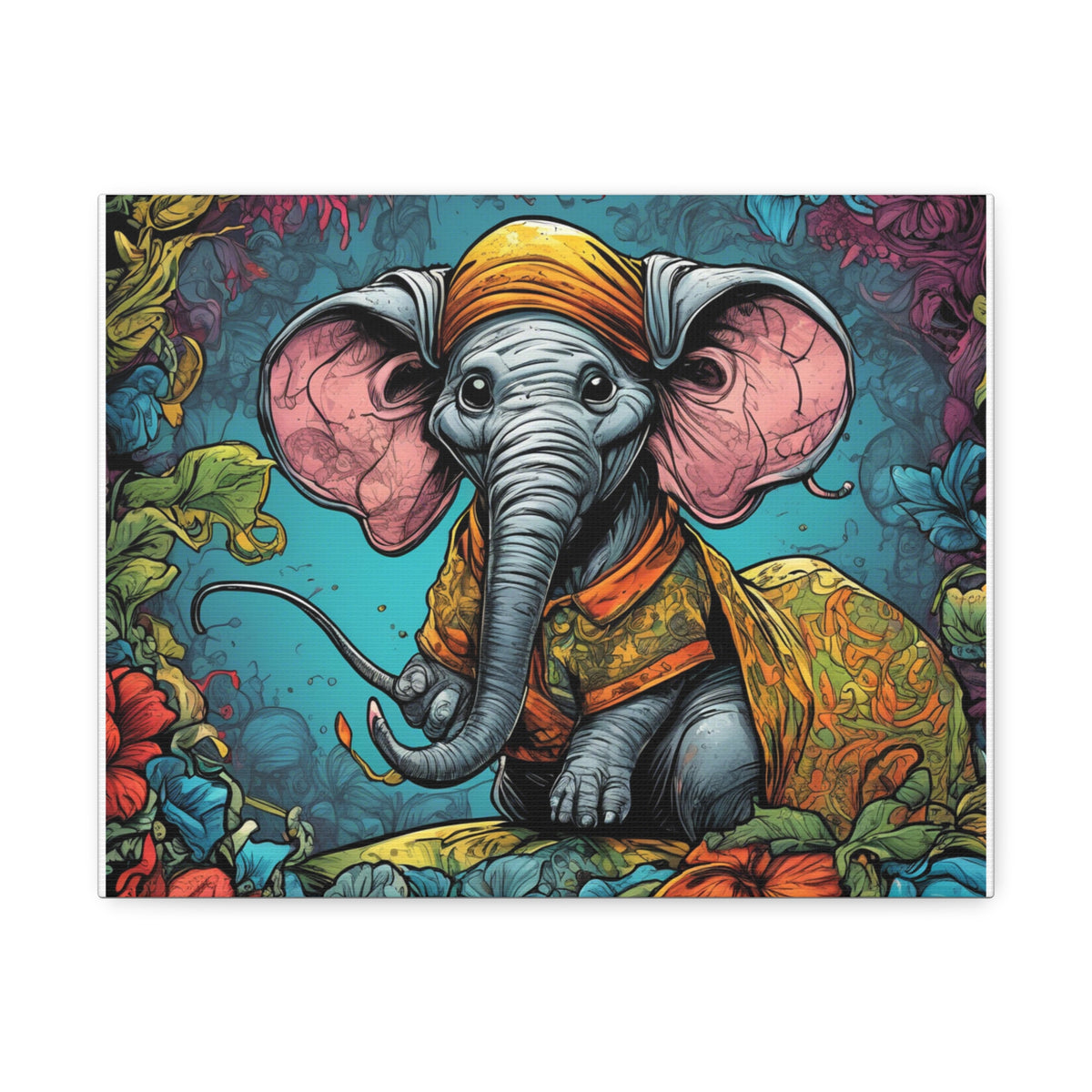 Colorful Storybook Elephant Floral Garden Canvas Wall Art