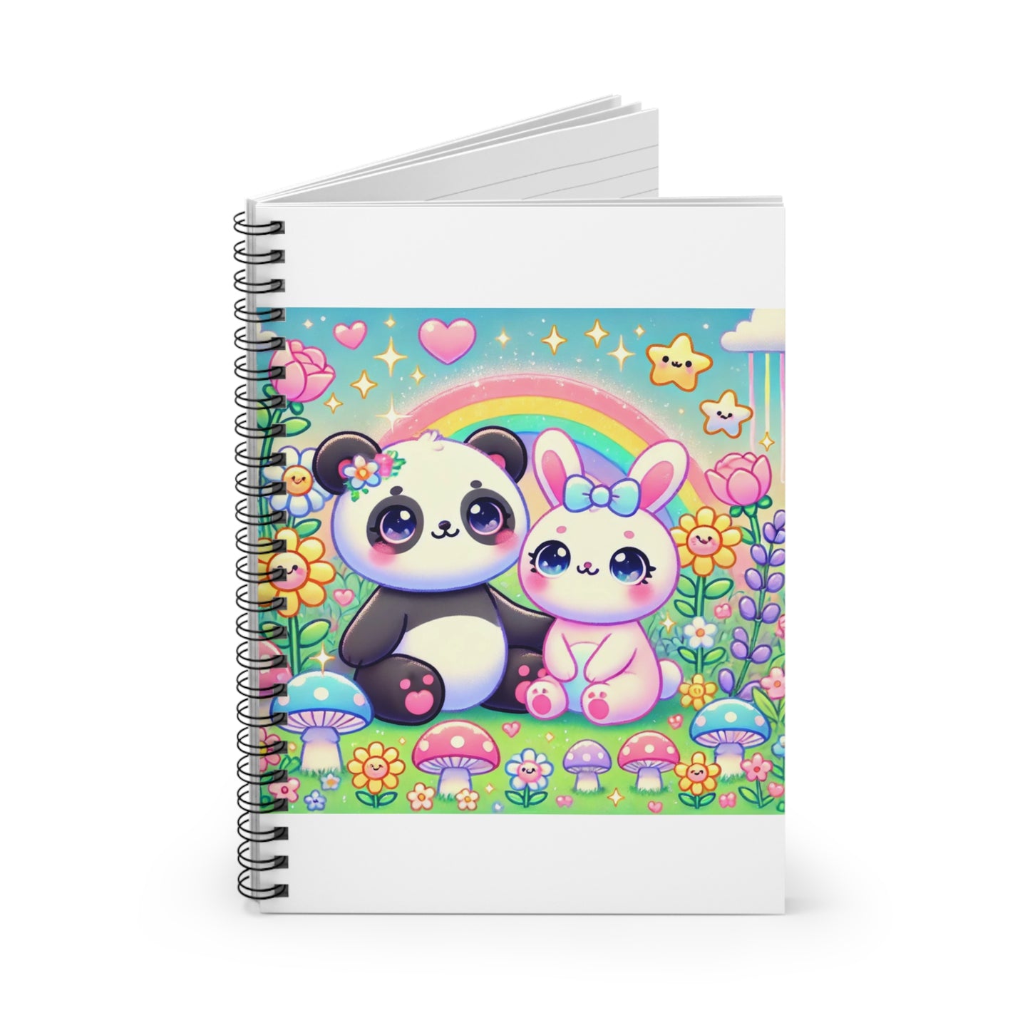 Pastel Panda and Bunny Rainbow Garden Spiral Notebook