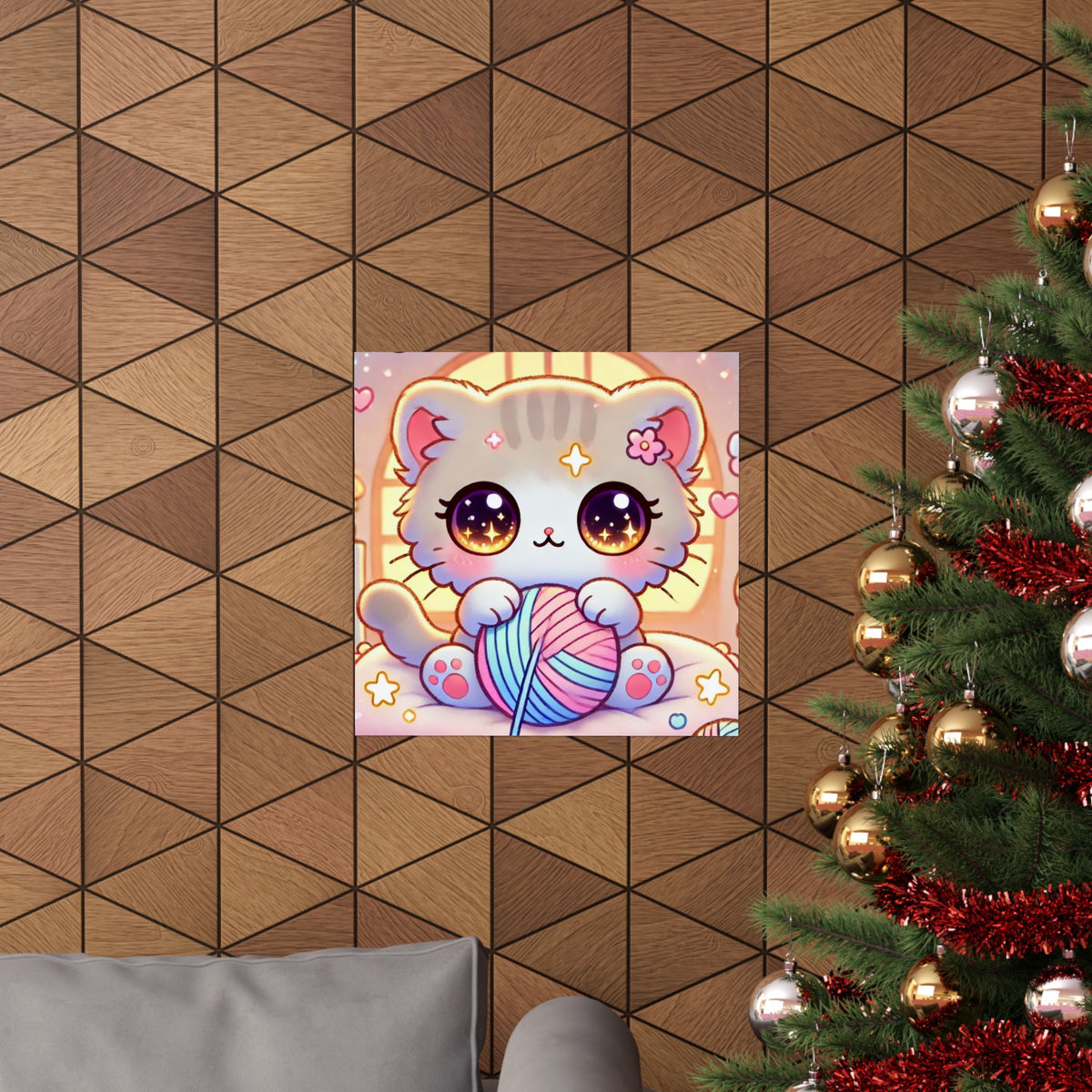 Cozy Kawaii Knitting Cat Pastel Yarn Wall Art Poster