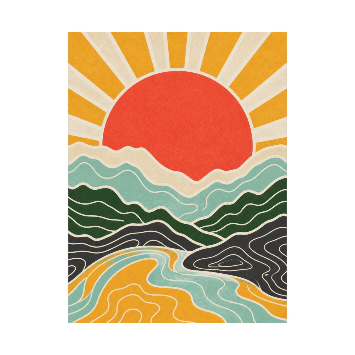 Topographic Sunrise Mid Century Mountain Art Poster