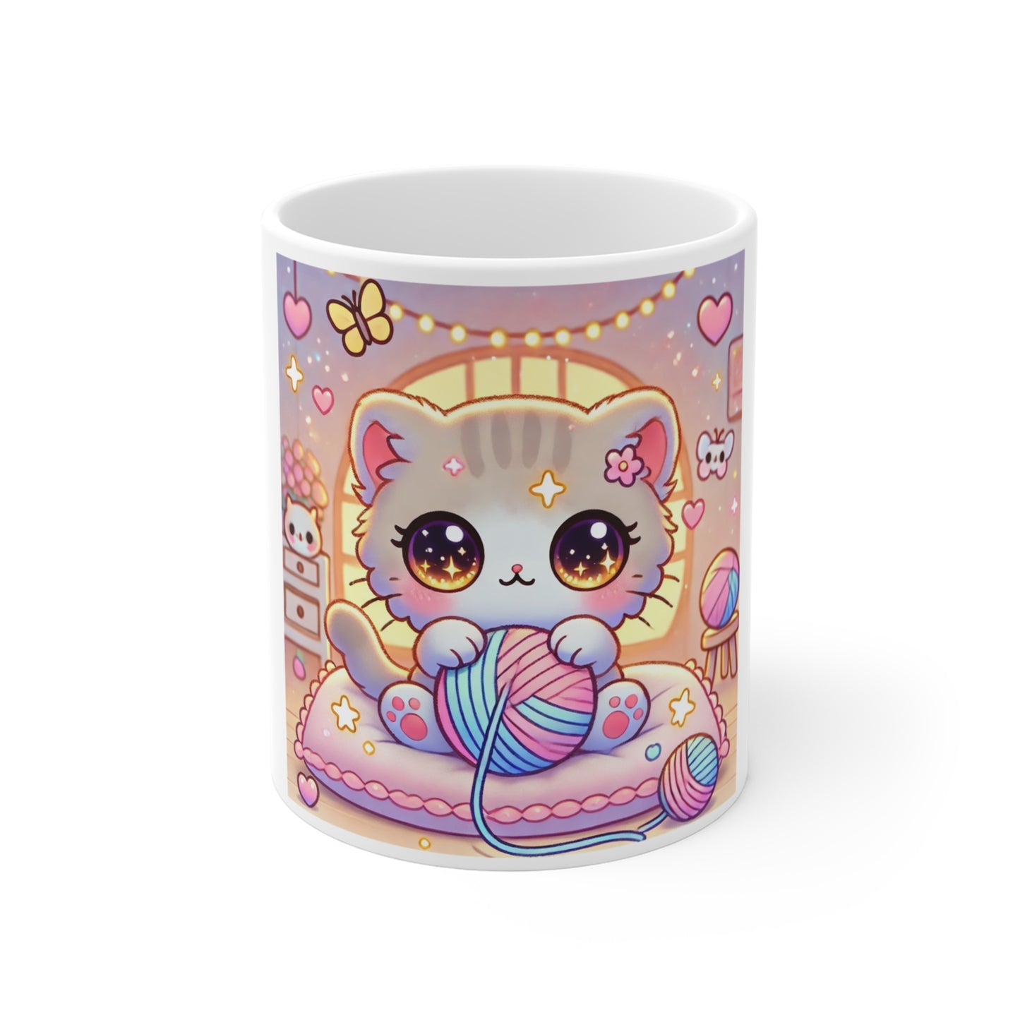 Cozy Kawaii Knitting Cat Pastel Yarn Coffee Mug