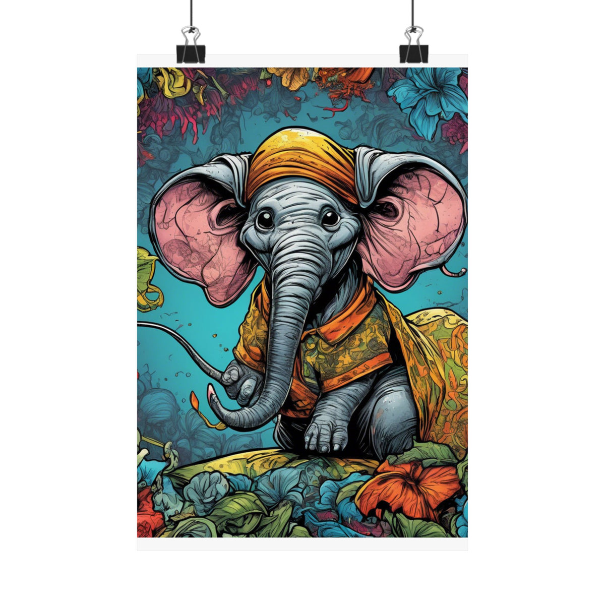 Colorful Storybook Elephant Floral Garden Wall Art Poster