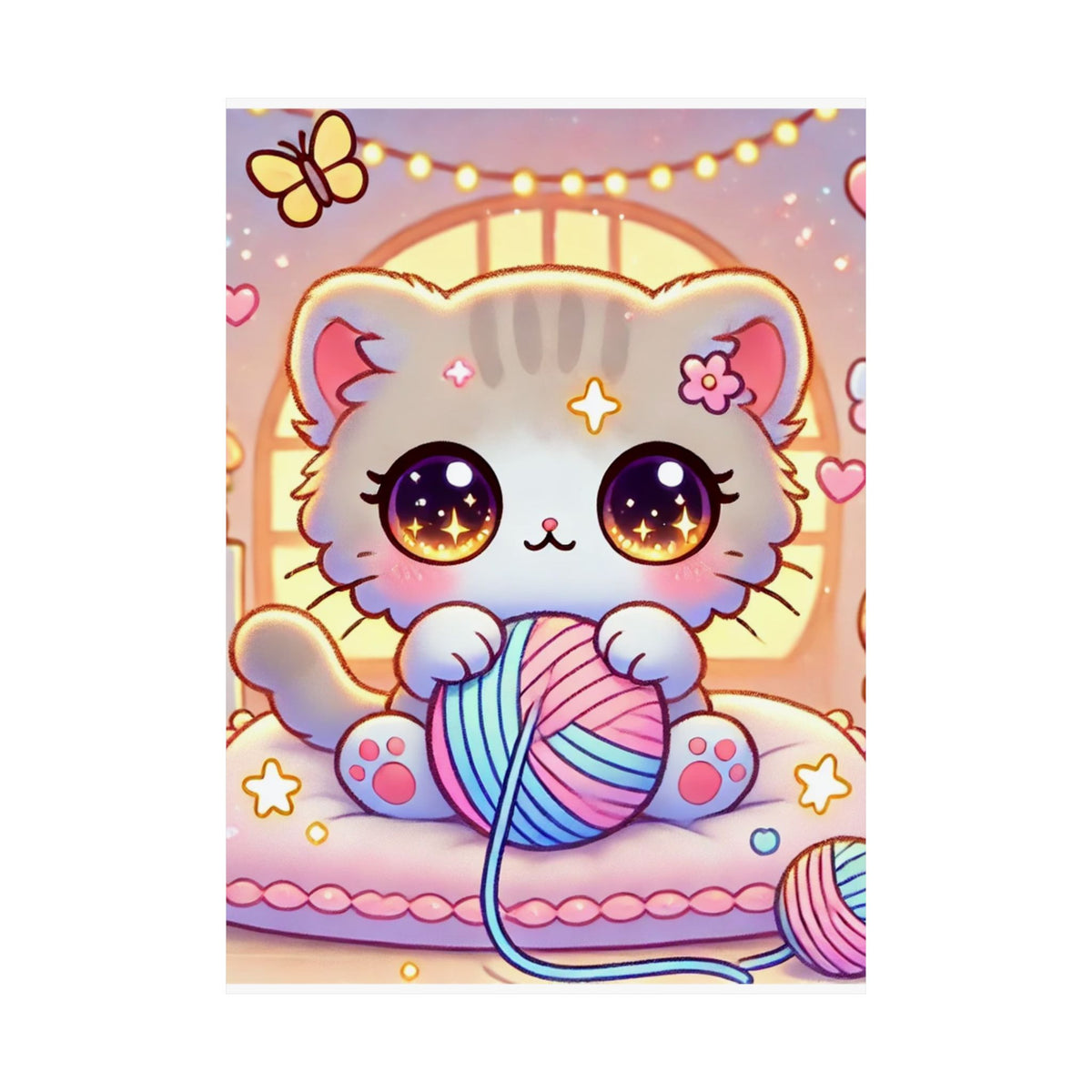 Cozy Kawaii Knitting Cat Pastel Yarn Wall Art Poster
