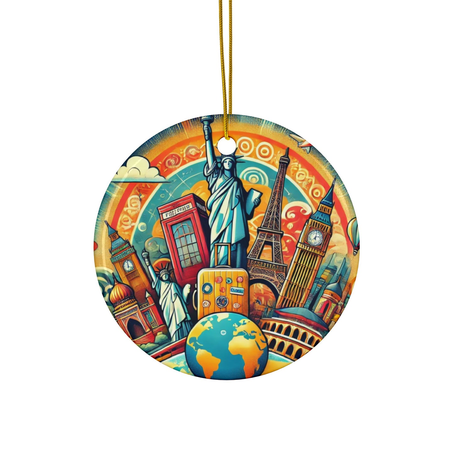 Global Landmark Adventure Collage Ceramic Ornament, Holiday Keepsake and Gift