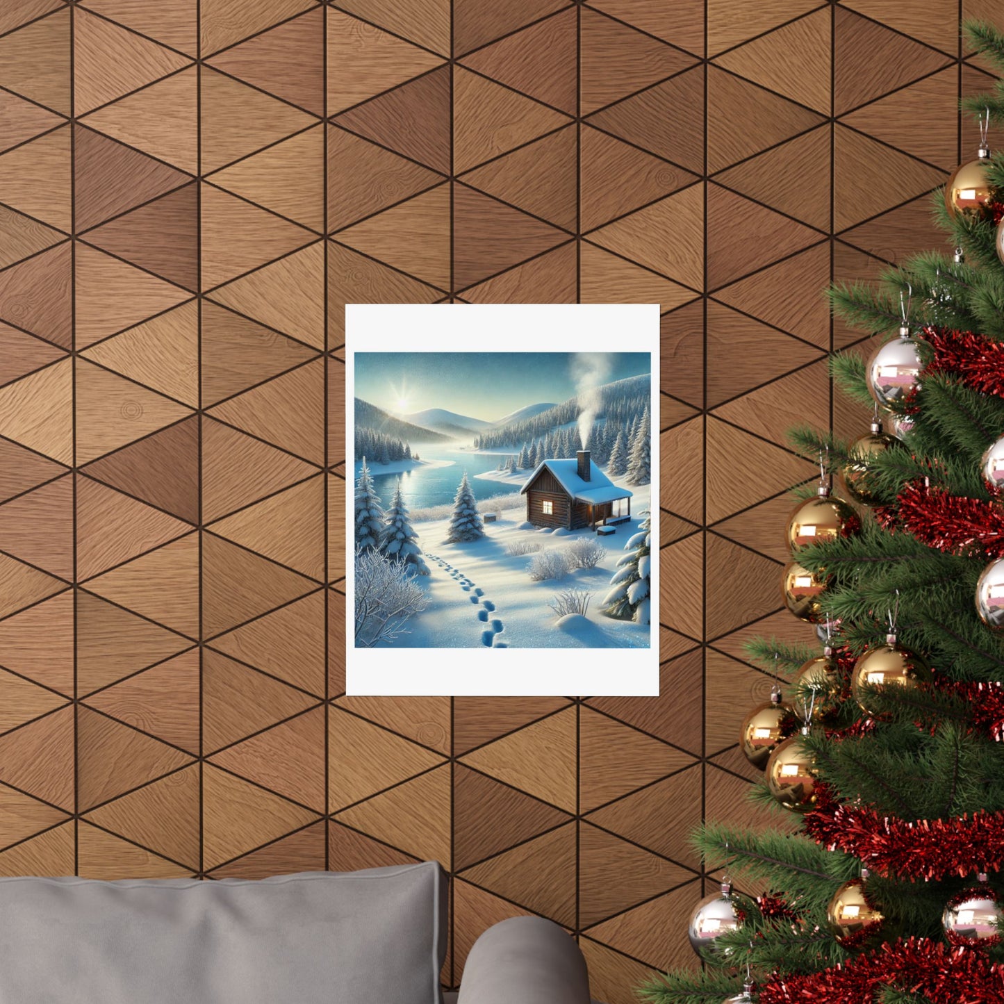 Snowy Cabin Winter Lake Landscape Art Poster
