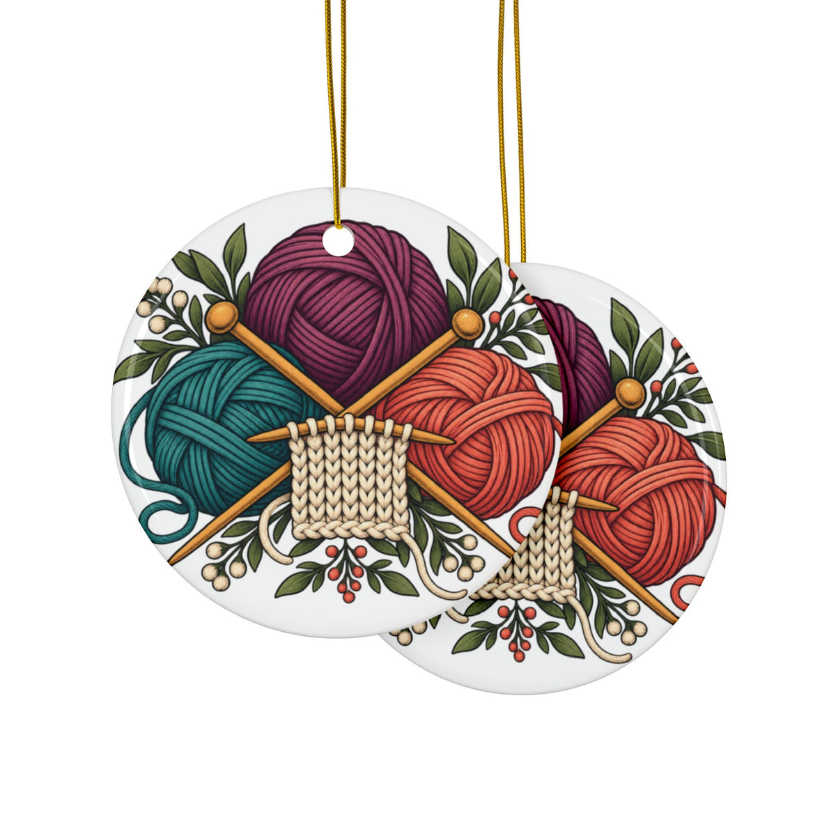 Retro Yarn and Knitting Botanical Art Round Ornament