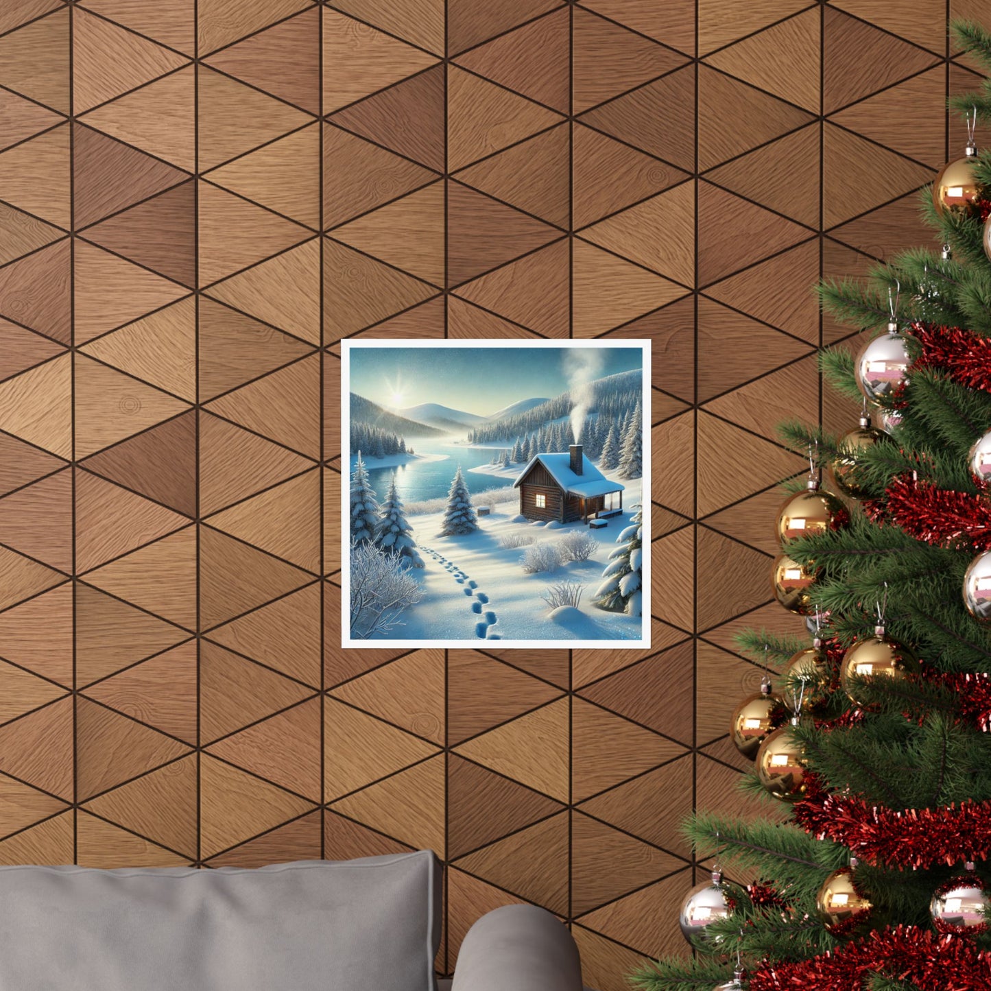 Snowy Cabin Winter Lake Landscape Art Poster