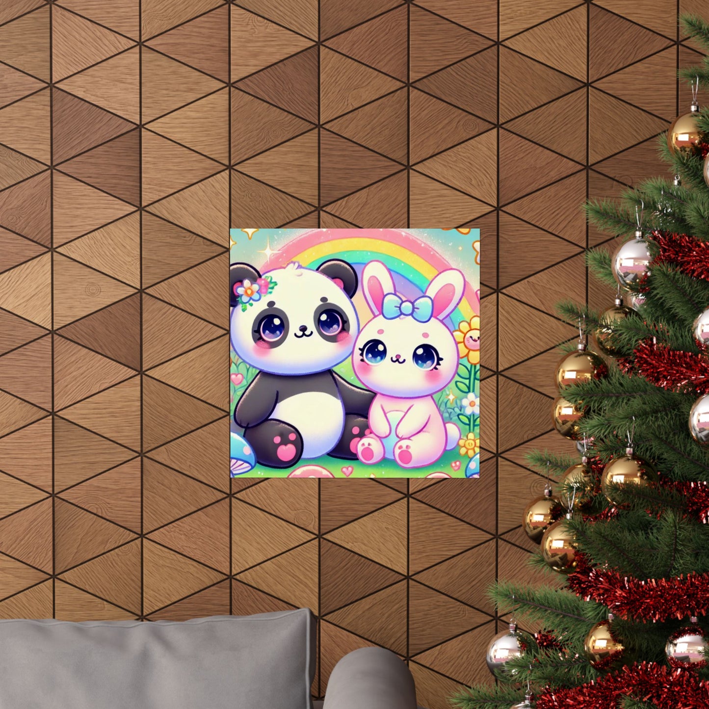 Pastel Panda and Bunny Rainbow Garden Wall Art Poster