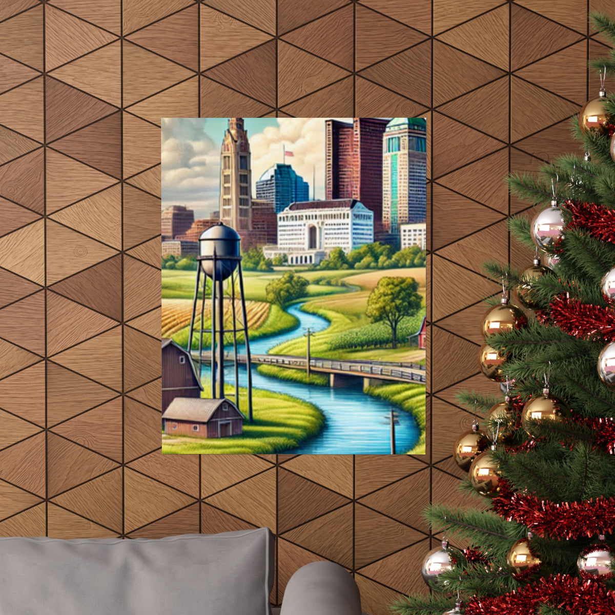 Rural River City Skyline Hometown Landscape Poster Art