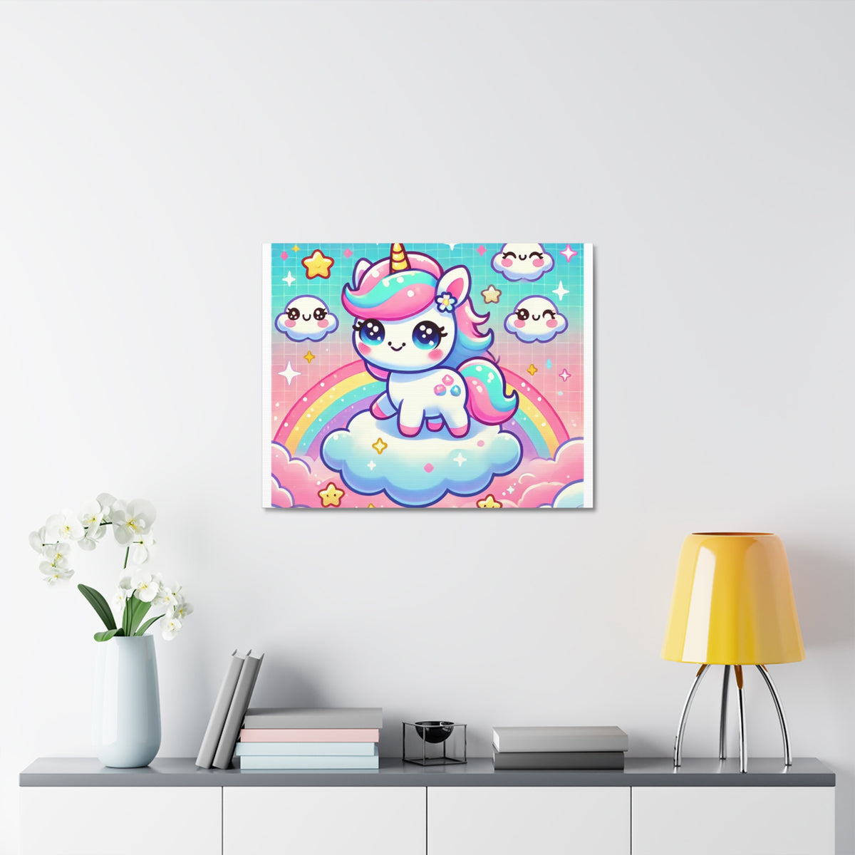Pastel Rainbow Unicorn Cloud Kawaii Canvas Wall Art