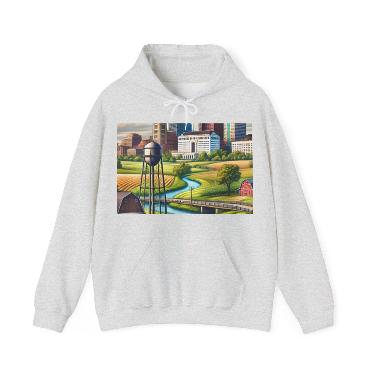 Rural River City Skyline Hometown Landscape Cozy Hoodie