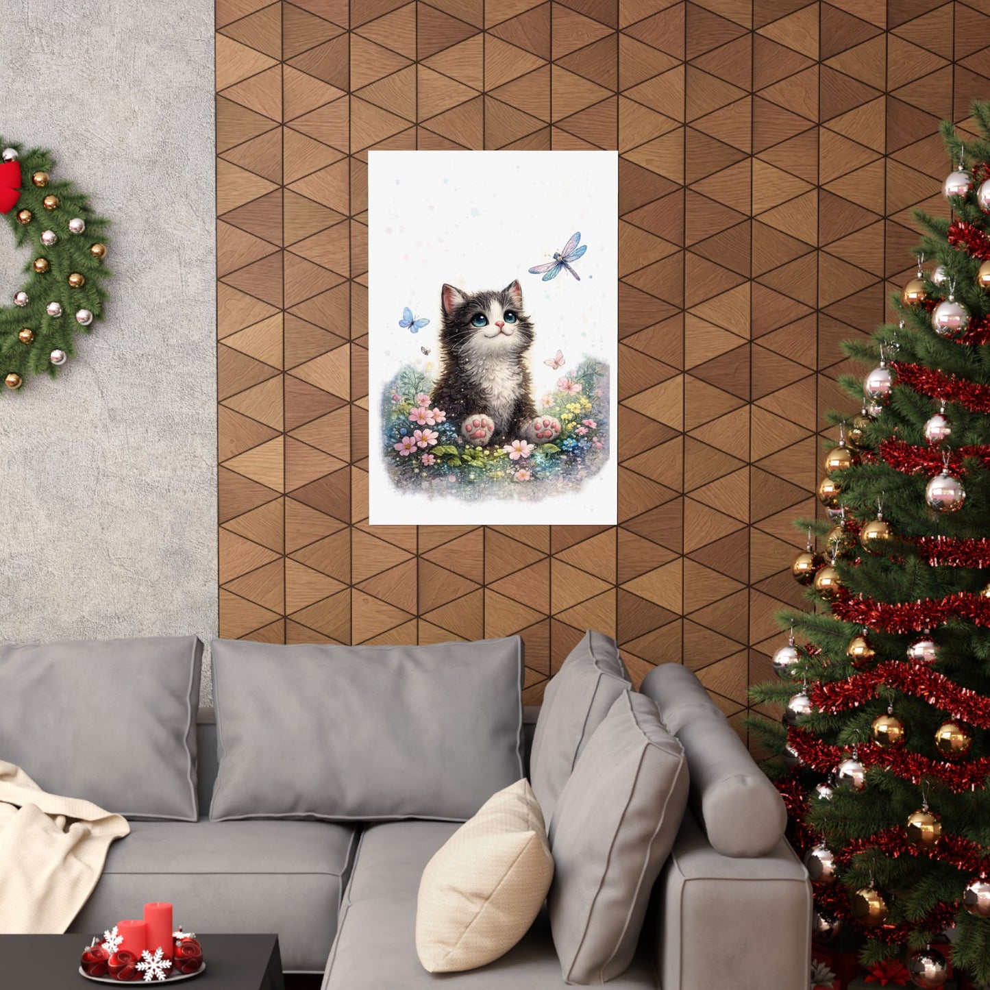 Whimsical Kitten Butterfly Garden Art Poster