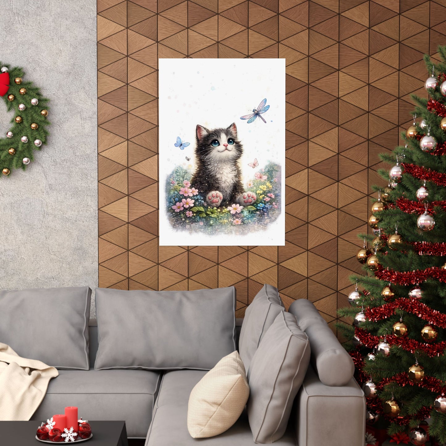 Whimsical Kitten Butterfly Garden Art Poster