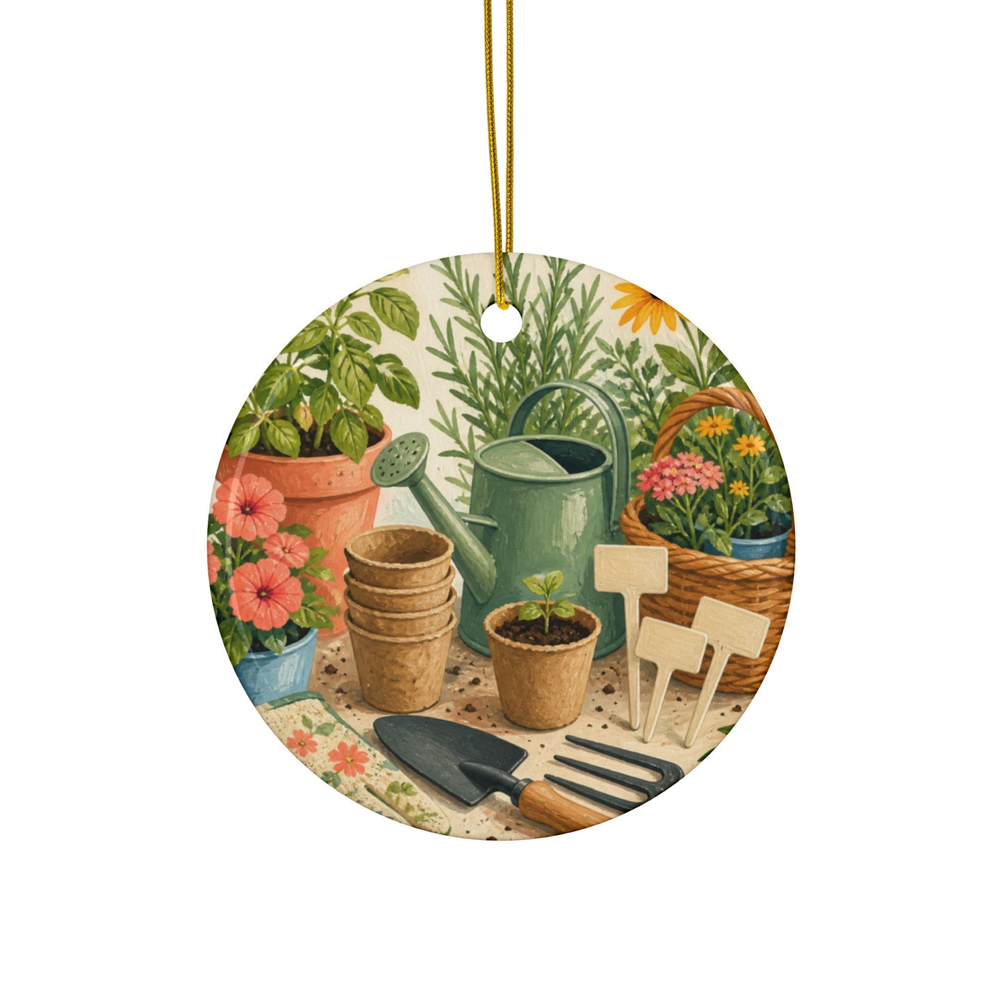 Colorful Gardening Tools and Flowers Hobby Art Ceramic Ornament, Holiday Keepsak