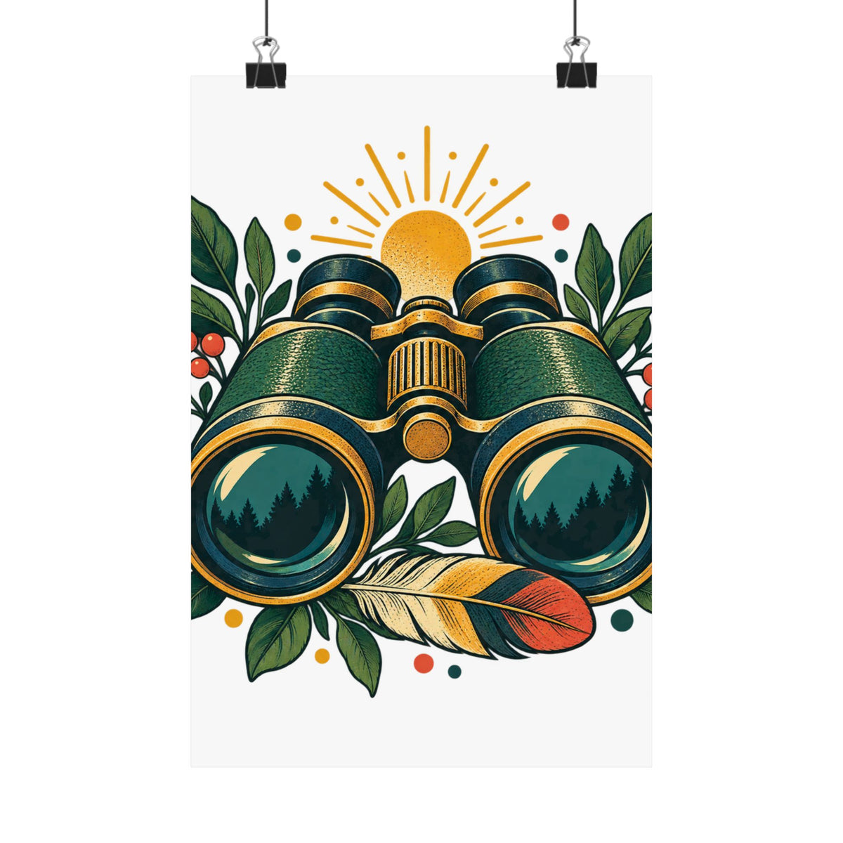 Retro Binoculars and Botanical Birdwatching Art Poster