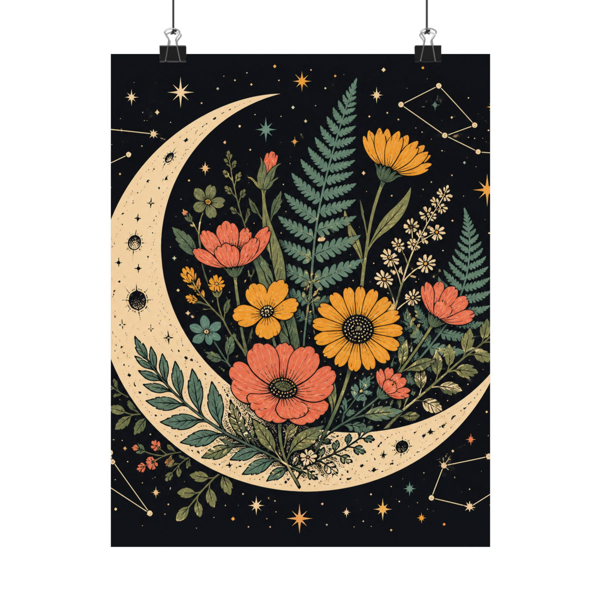 Celestial Wildflower Crescent Moon Botanical Art Poster
