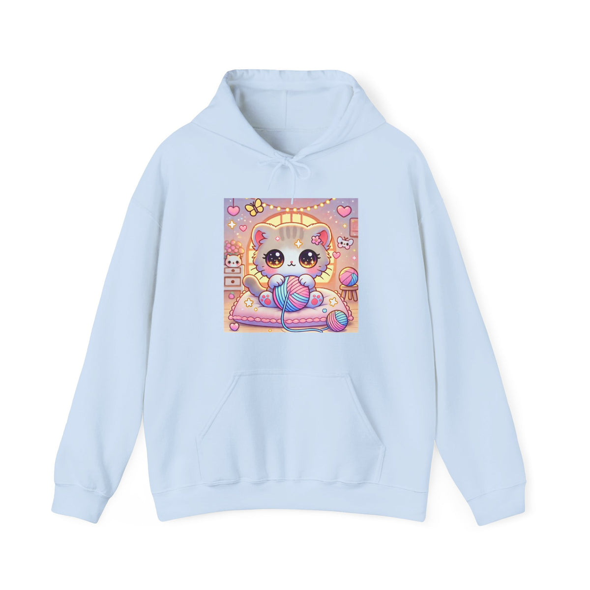 Cozy Kawaii Knitting Cat Pastel Yarn Hoodie
