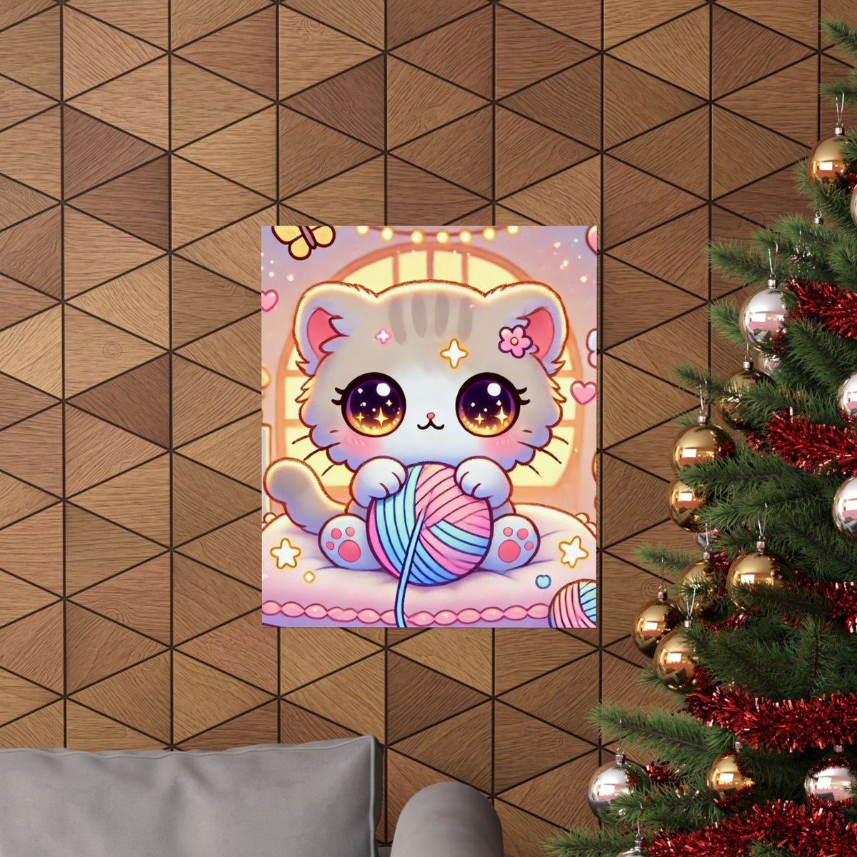 Cozy Kawaii Knitting Cat Pastel Yarn Wall Art Poster