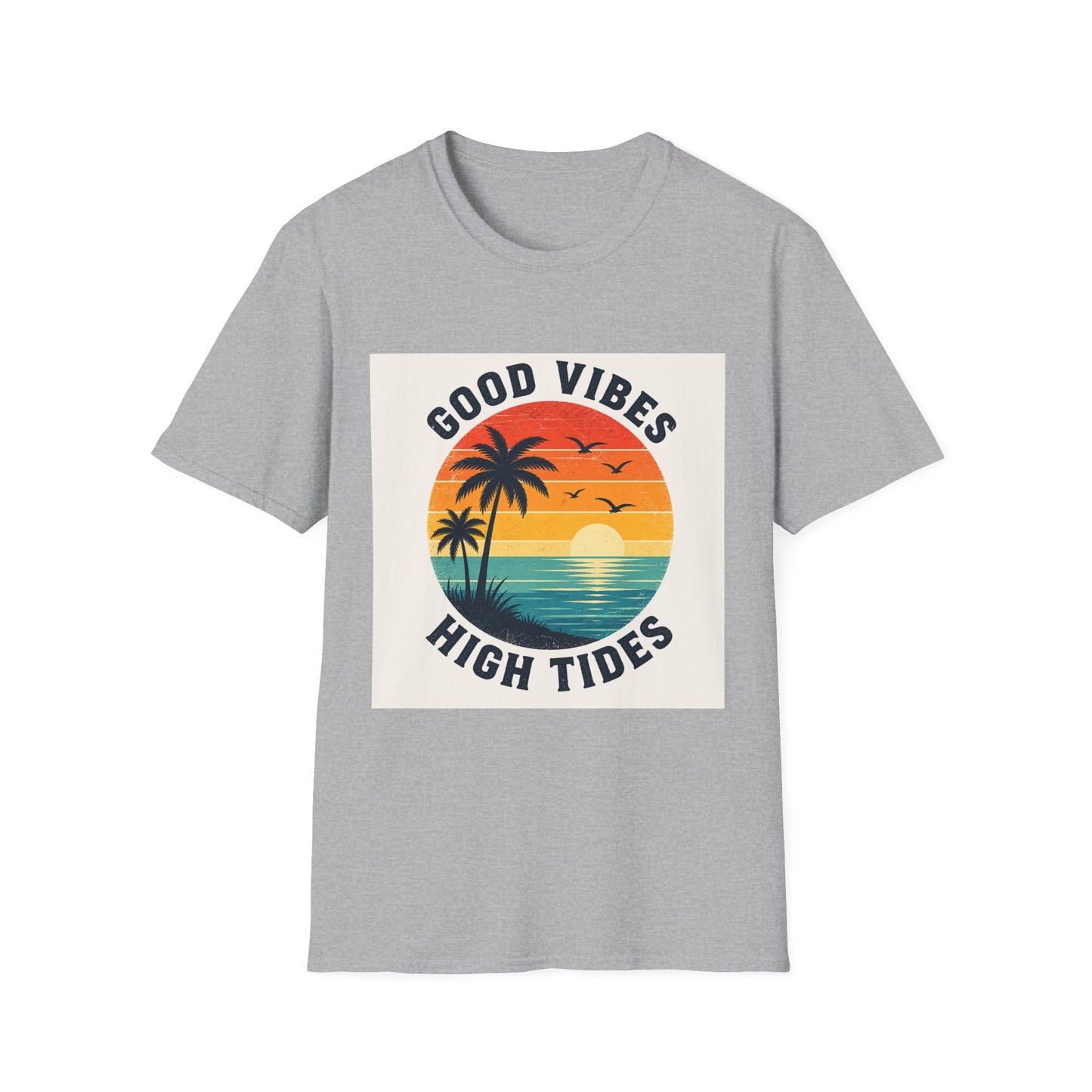 Good Vibes High Tides T-Shirt | Retro Sunset Palm Beach Design