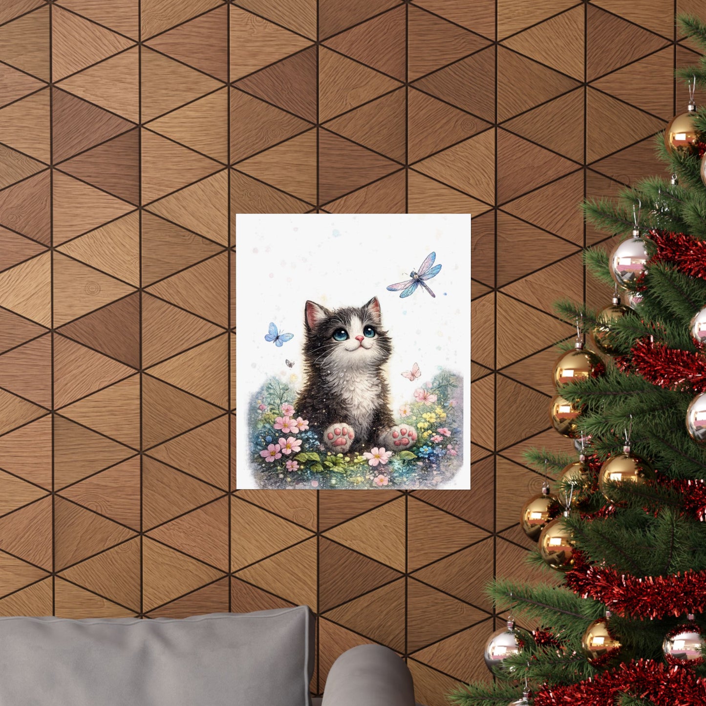 Whimsical Kitten Butterfly Garden Art Poster