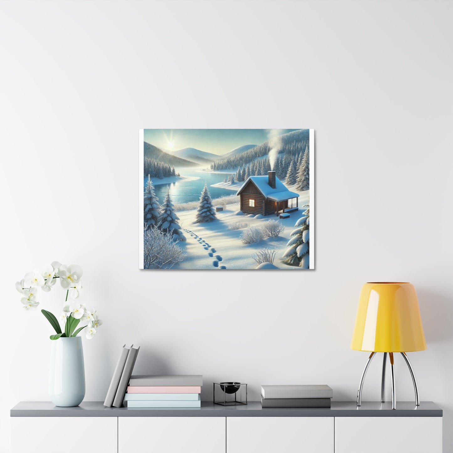 Snowy Cabin Winter Lake Landscape Art Canvas