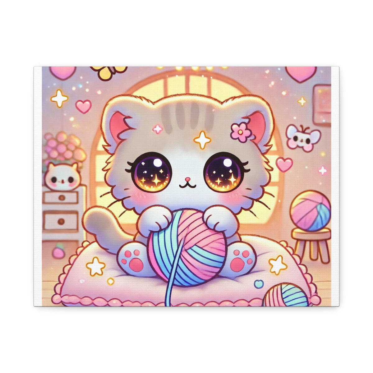 Cozy Kawaii Knitting Cat Pastel Yarn Canvas Wall Art