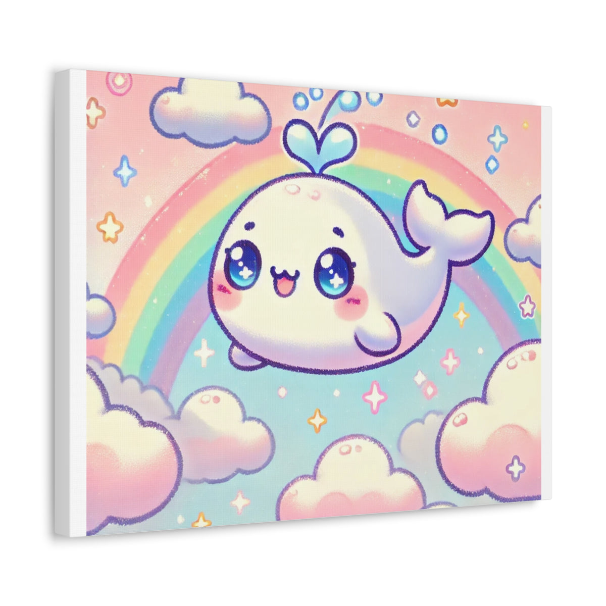 Kawaii Rainbow Whale Pastel Cloud Canvas Wall Art