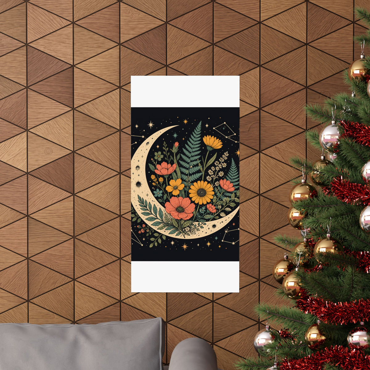 Celestial Wildflower Crescent Moon Botanical Art Poster