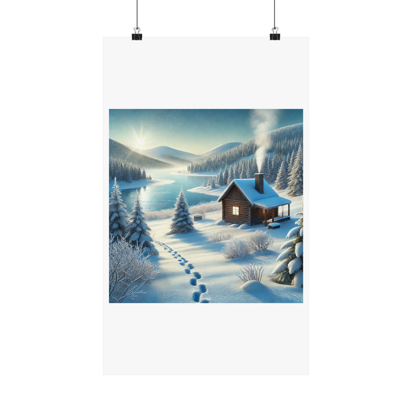 Snowy Cabin Winter Lake Landscape Art Poster