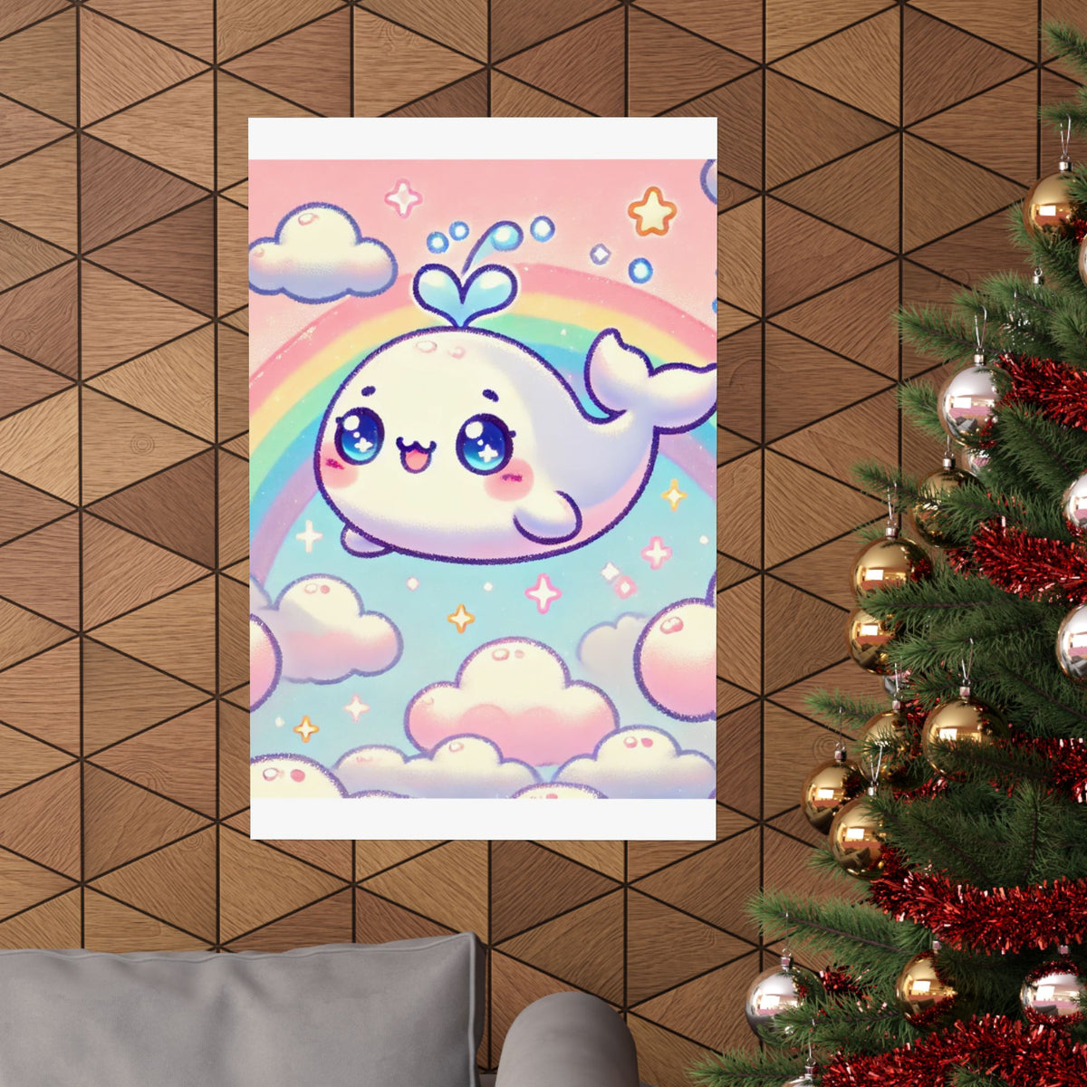 Kawaii Rainbow Whale Pastel Cloud Wall Art Poster