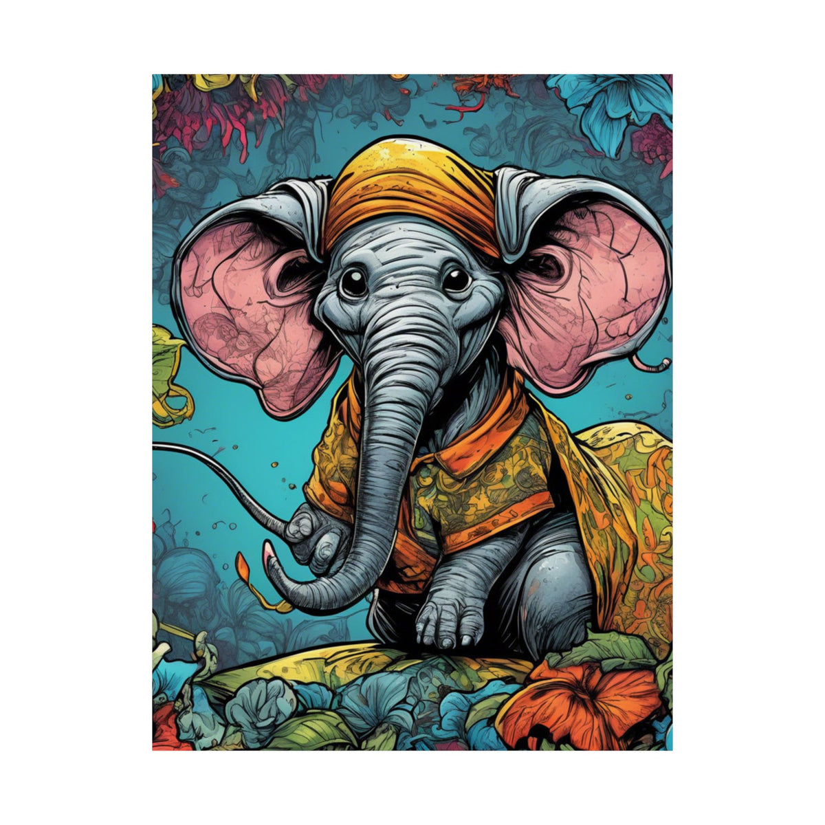 Colorful Storybook Elephant Floral Garden Wall Art Poster
