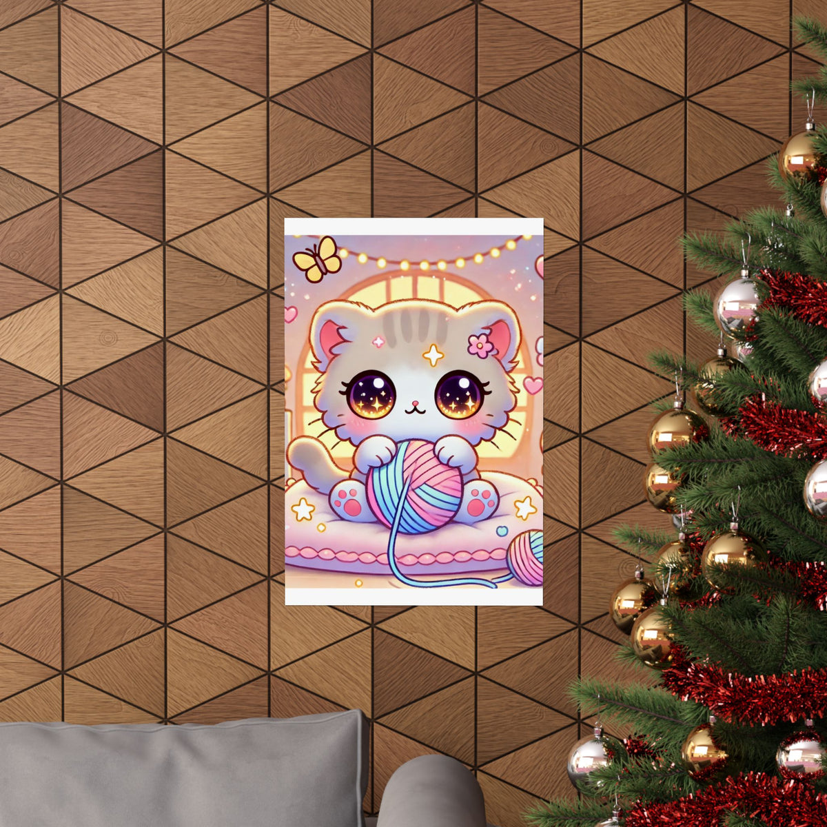 Cozy Kawaii Knitting Cat Pastel Yarn Wall Art Poster