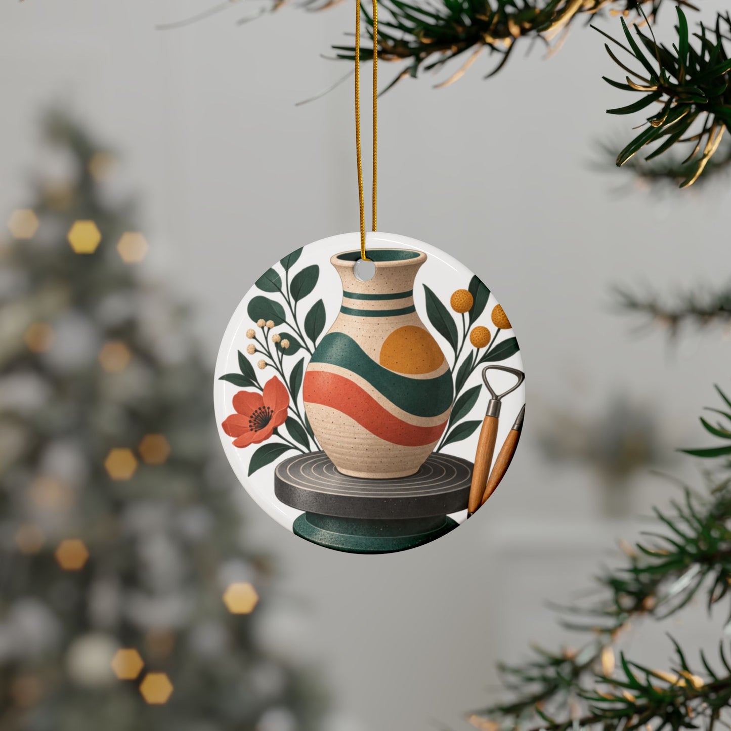 Midcentury Pottery Botanical Art Round Ornament