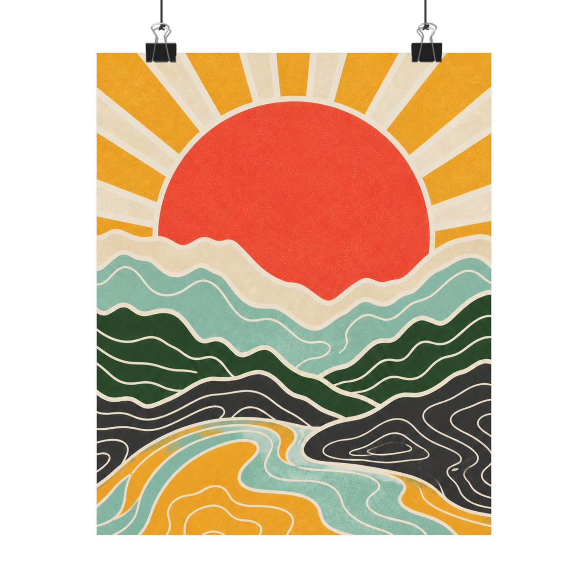 Topographic Sunrise Mid Century Mountain Art Poster