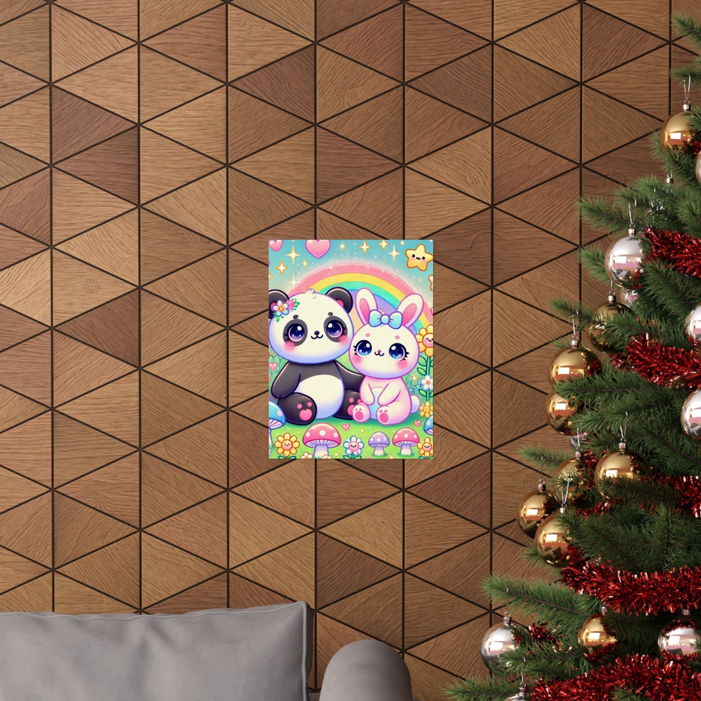 Pastel Panda and Bunny Rainbow Garden Wall Art Poster