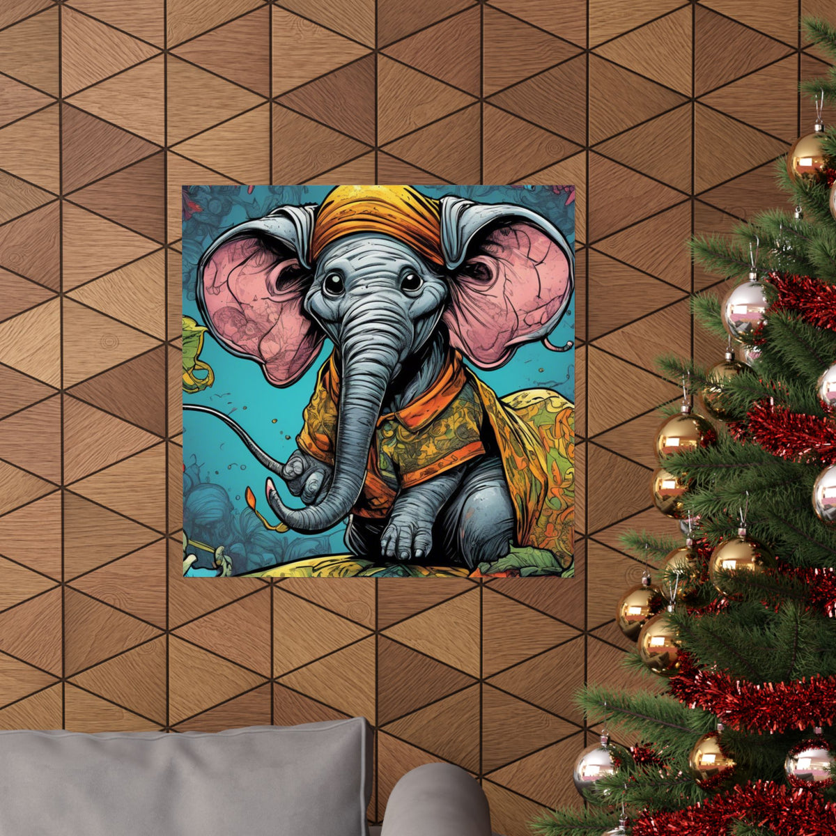 Colorful Storybook Elephant Floral Garden Wall Art Poster