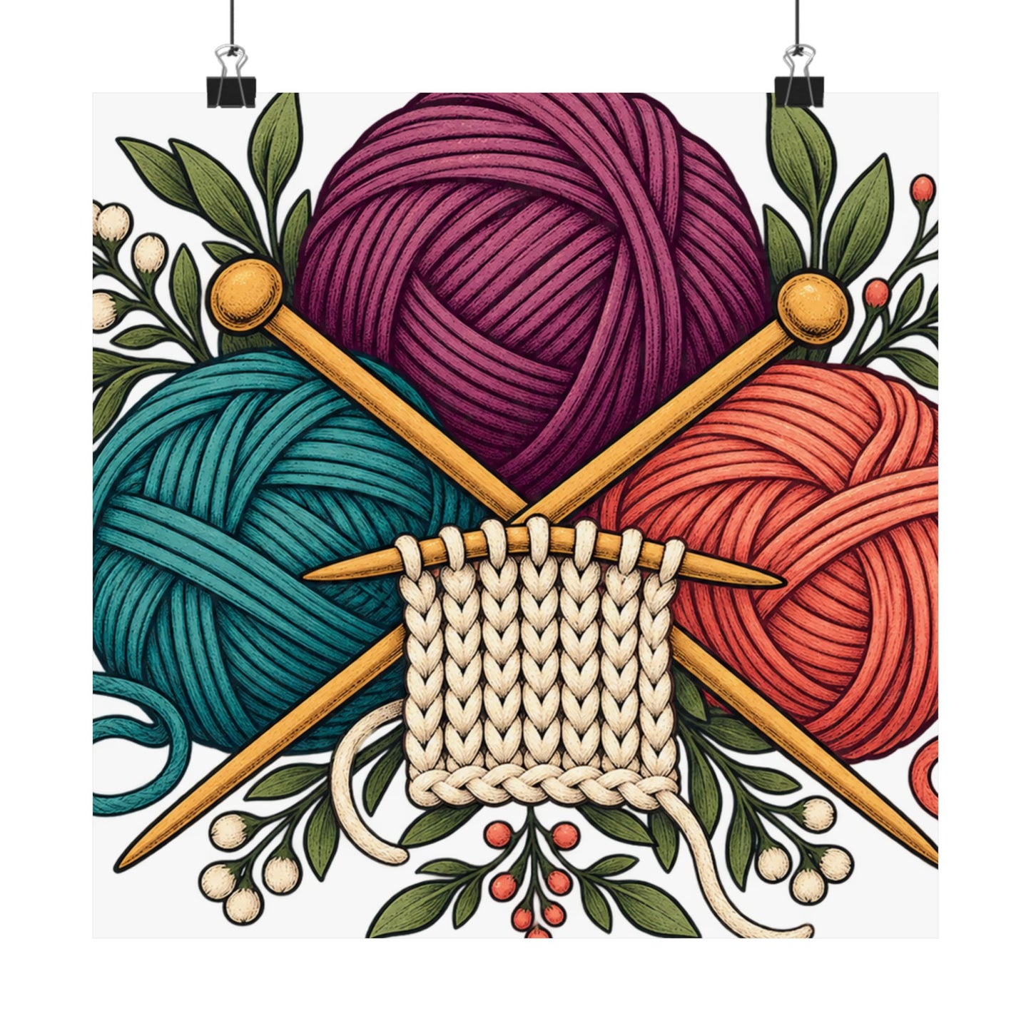 Retro Yarn and Knitting Botanical Art Poster