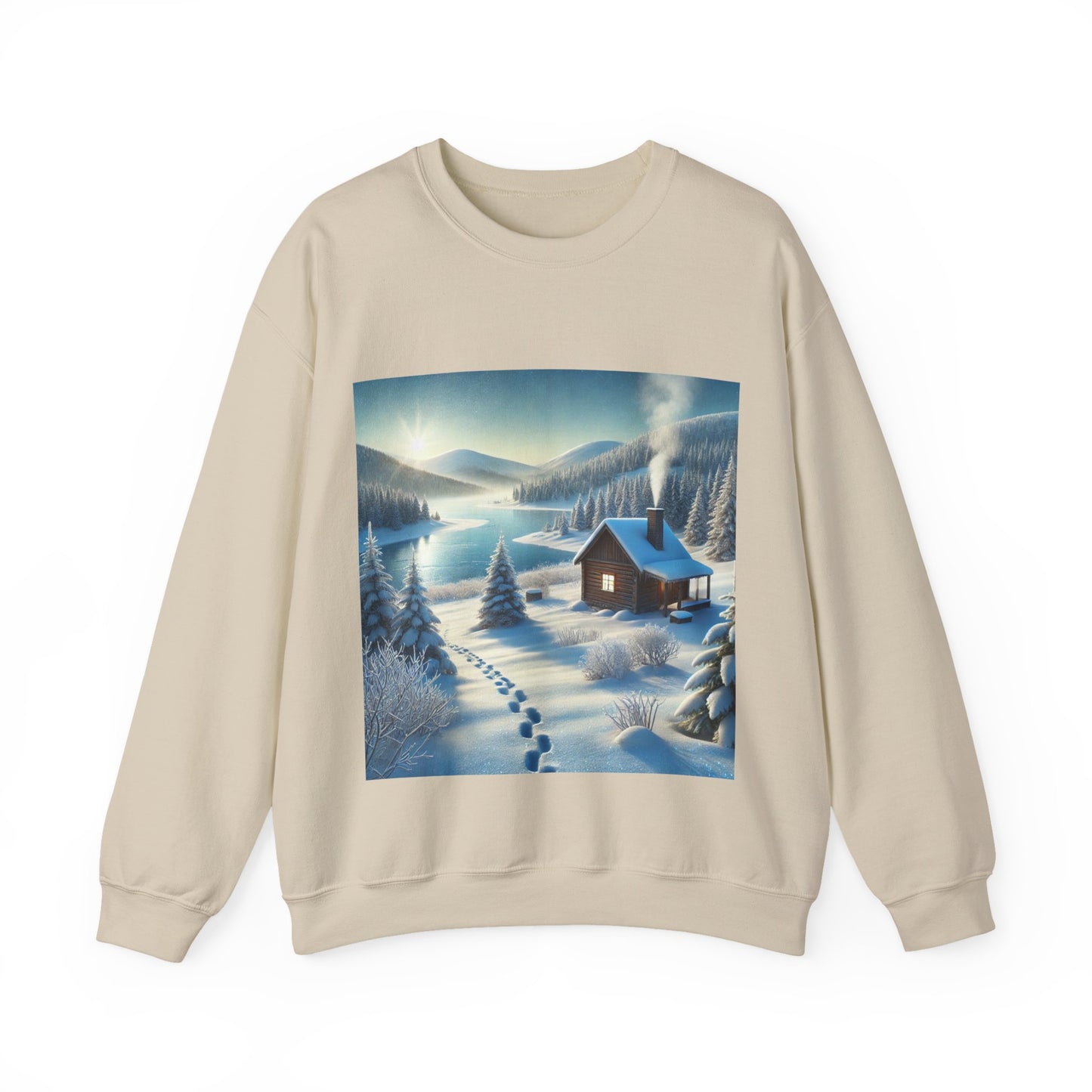 Snowy Cabin Winter Lake Landscape Art Sweatshirt