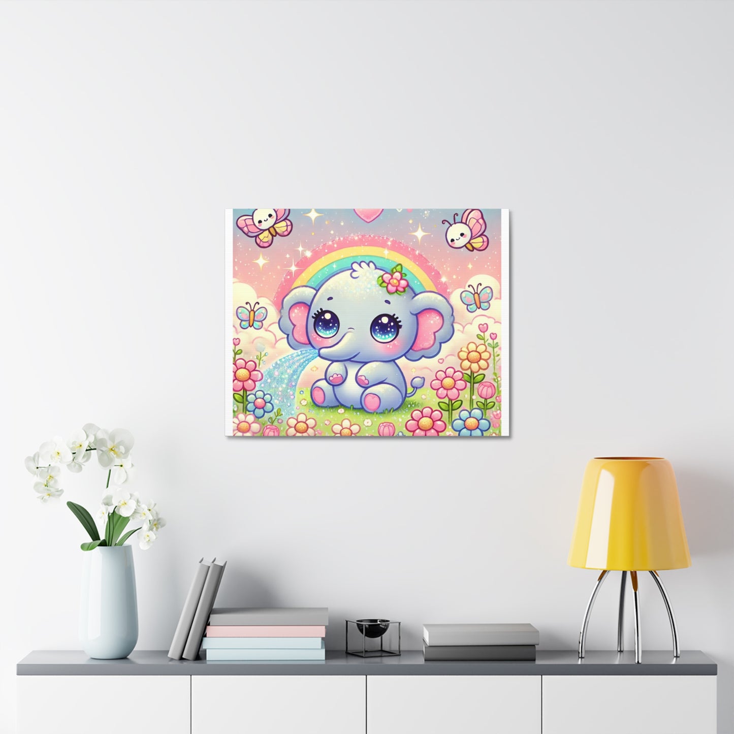 Pastel Rainbow Baby Elephant Floral Canvas Wall Art