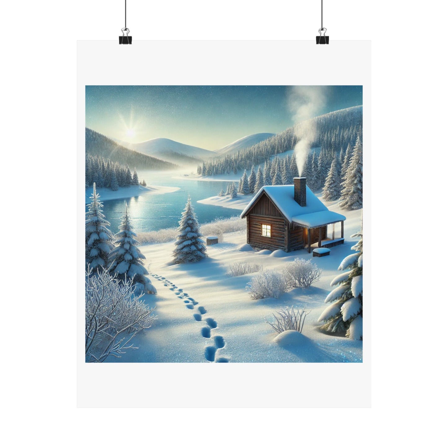 Snowy Cabin Winter Lake Landscape Art Poster