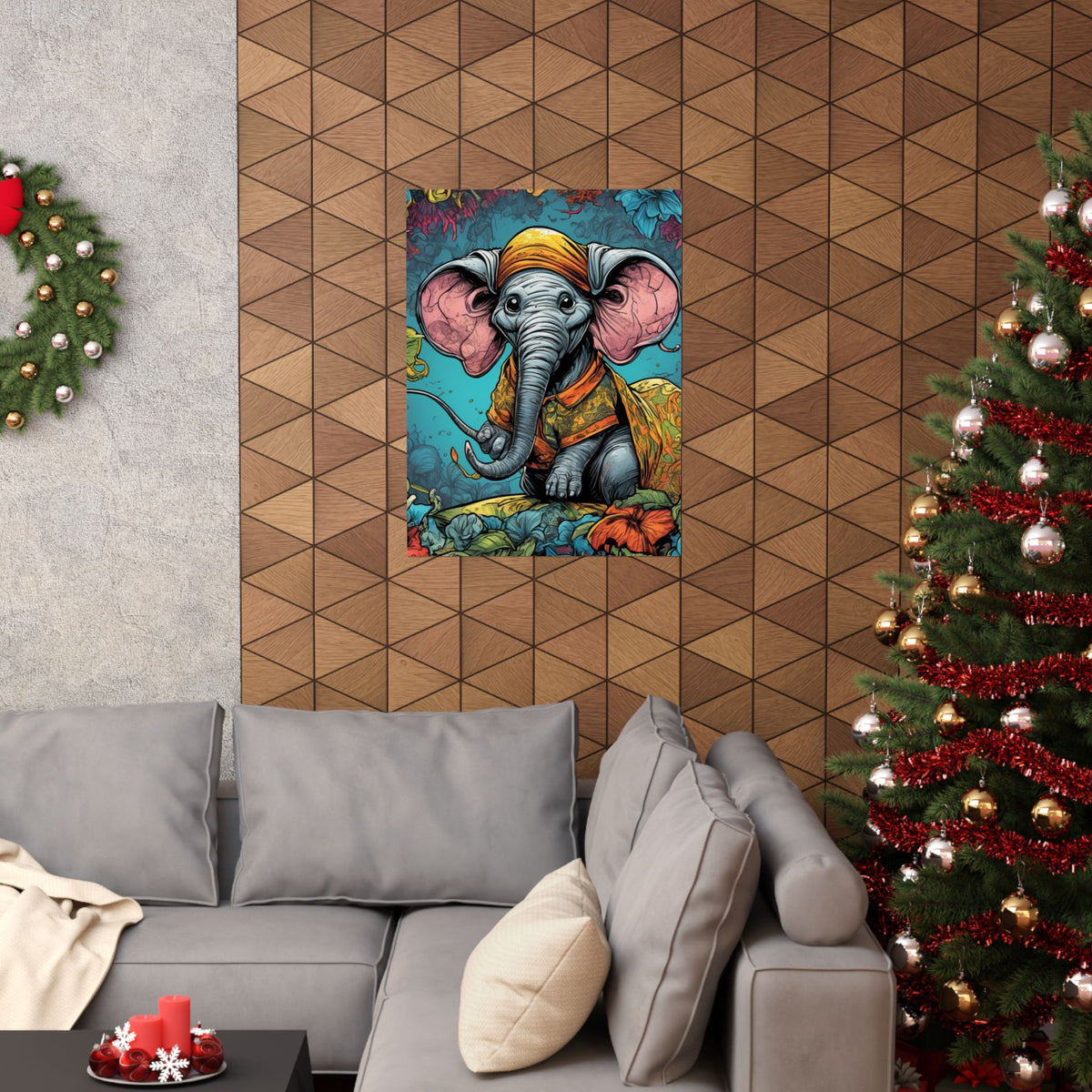 Colorful Storybook Elephant Floral Garden Wall Art Poster