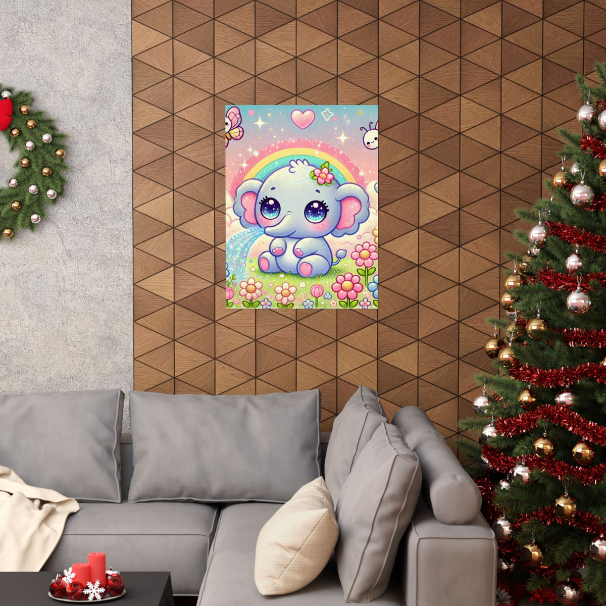 Pastel Rainbow Baby Elephant Floral Wall Art Poster