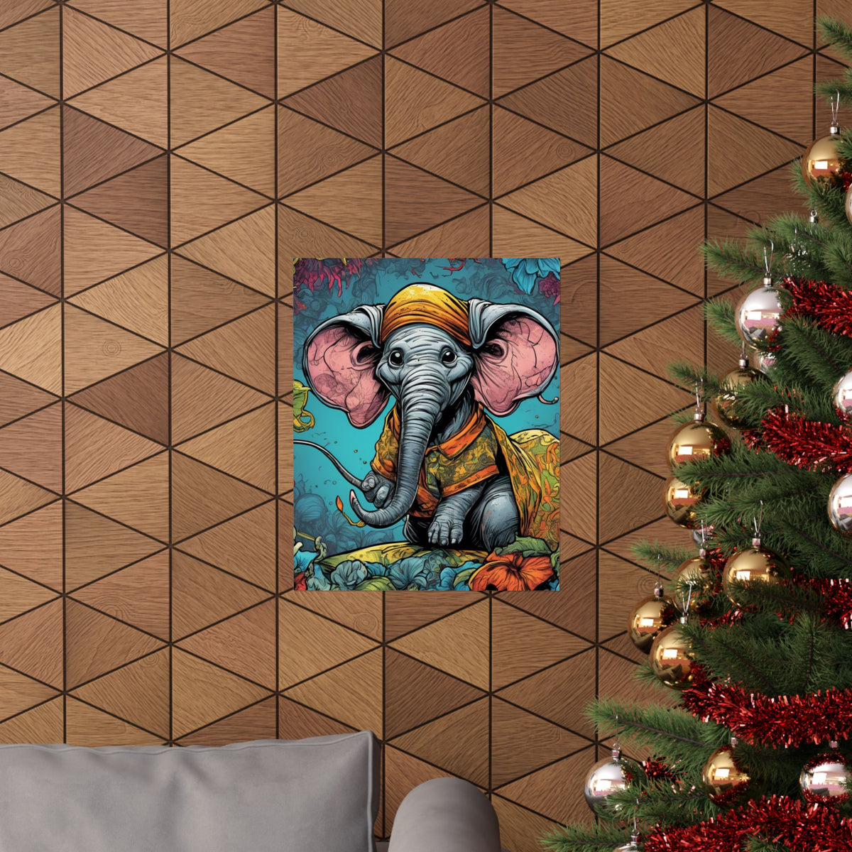 Colorful Storybook Elephant Floral Garden Wall Art Poster