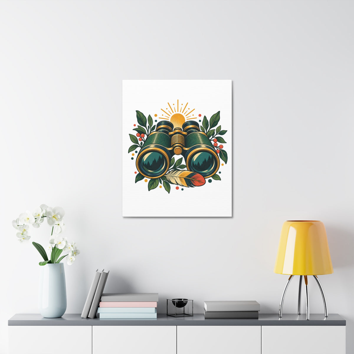 Retro Binoculars and Botanical Birdwatching Art Canvas